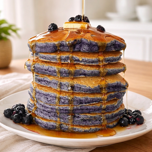 Stack of blueberry pancakes with blueberries and syrup on a white plate.