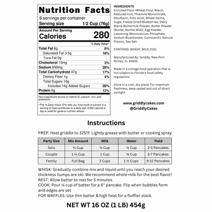 Nutrition facts label and instructions for blueberry pancake mix.