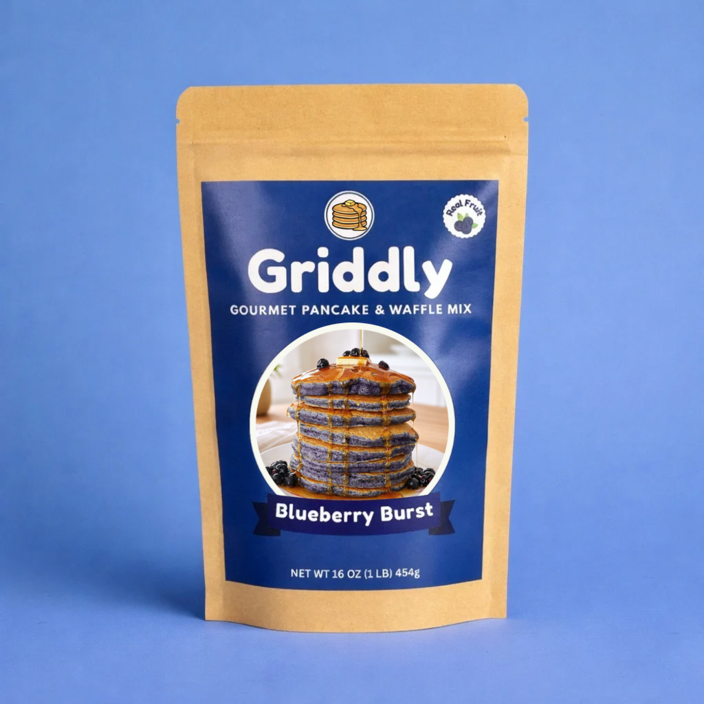 Griddly Blueberry Burst gourmet pancake and waffle mix packaging on a blue background
