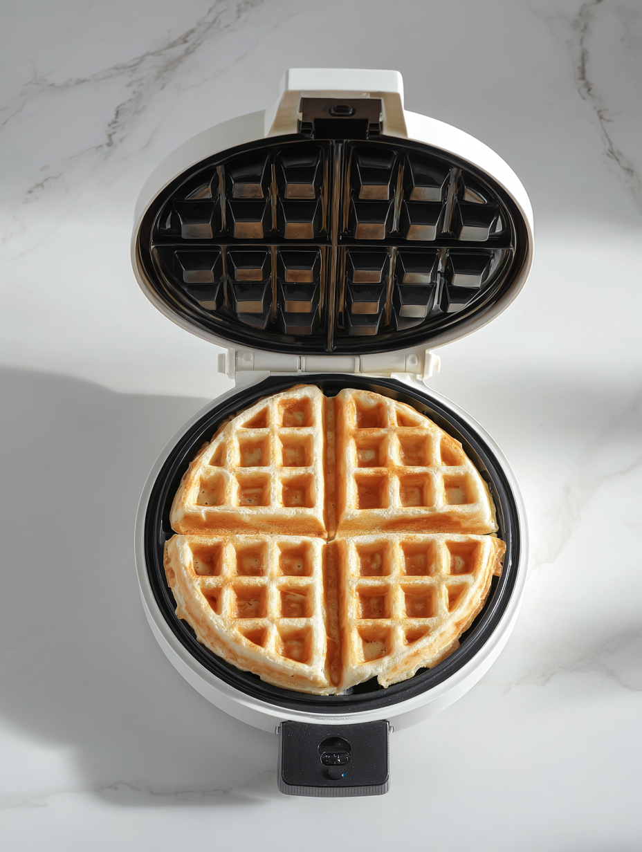 Waffle maker with a waffle inside on a marble countertop