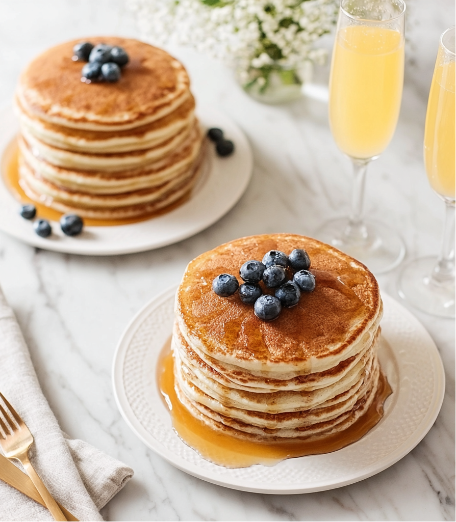 Stacks of pancakes with blueberries and syrup on a marble table with mimosas in champagne glasses.