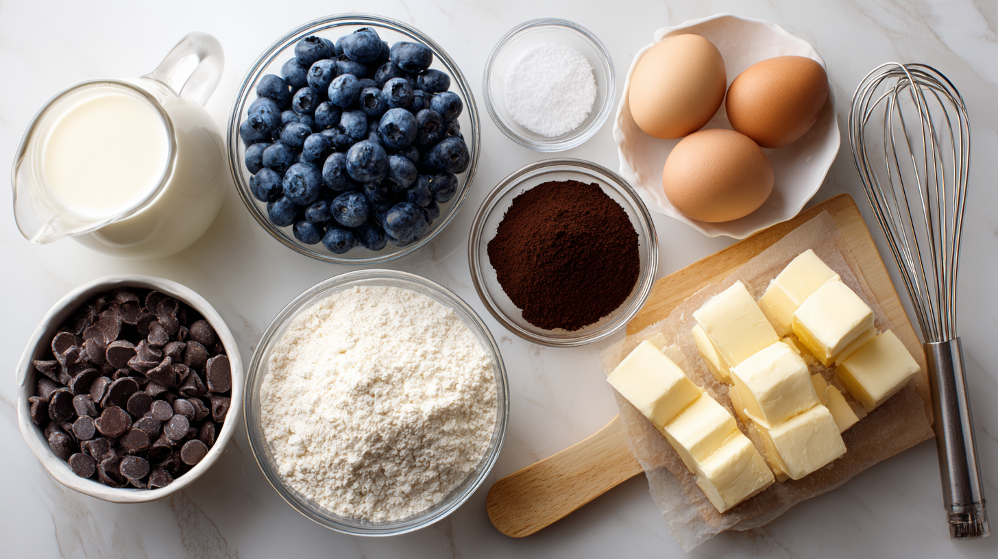 Ingredients for baking including blueberries, eggs, flour, sugar, pure vanilla powder, chocolate chips, blueberries and butter on a white surface.
