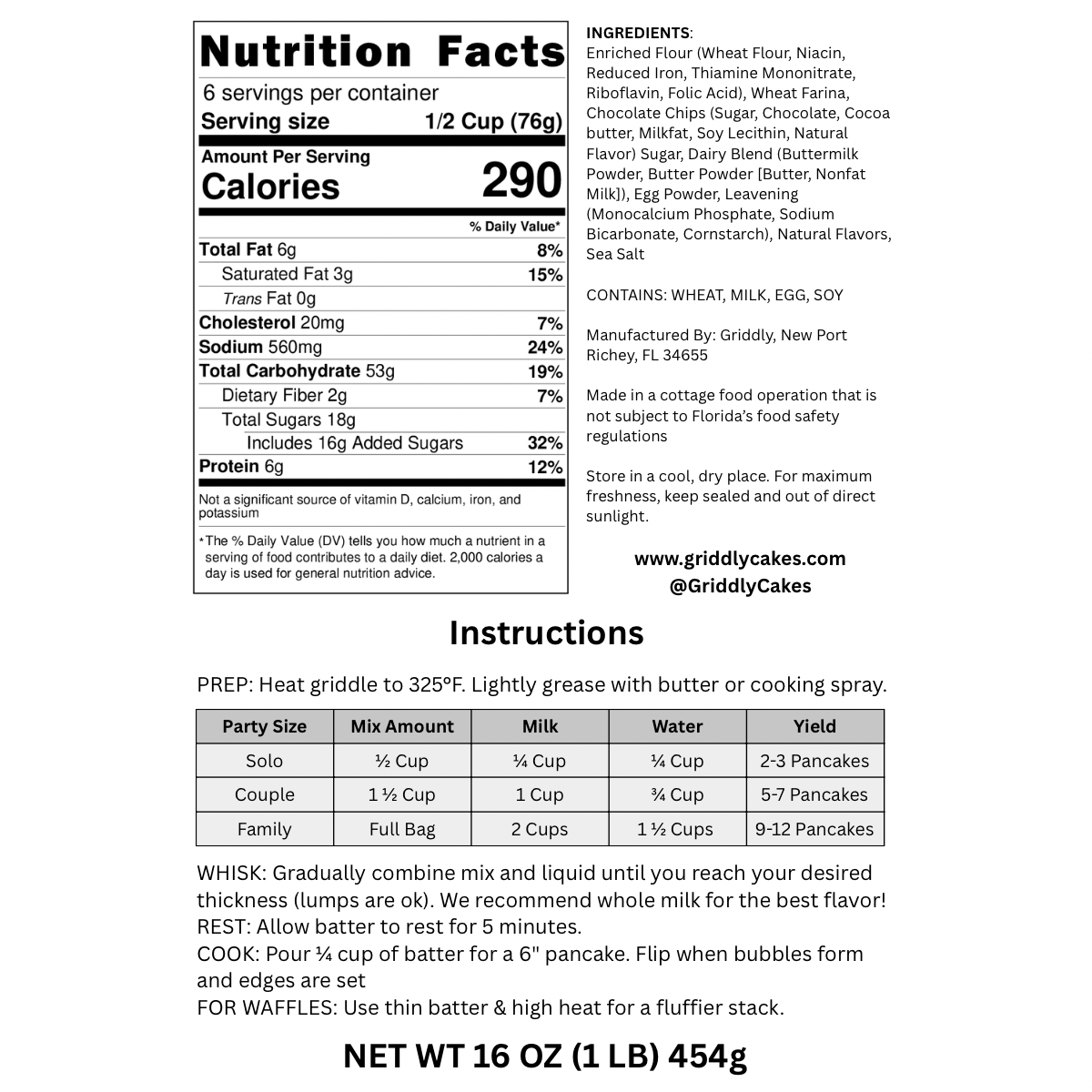 Nutrition facts label and instructions for chocolate chip pancake mix.