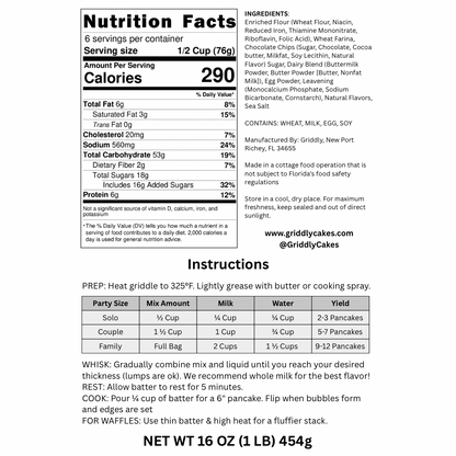 Nutrition facts label and instructions for chocolate chip pancake mix.