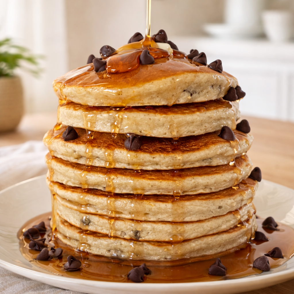 Stack of chocolate chip pancakes with syrup on a plate, set against a blurred kitchen background.