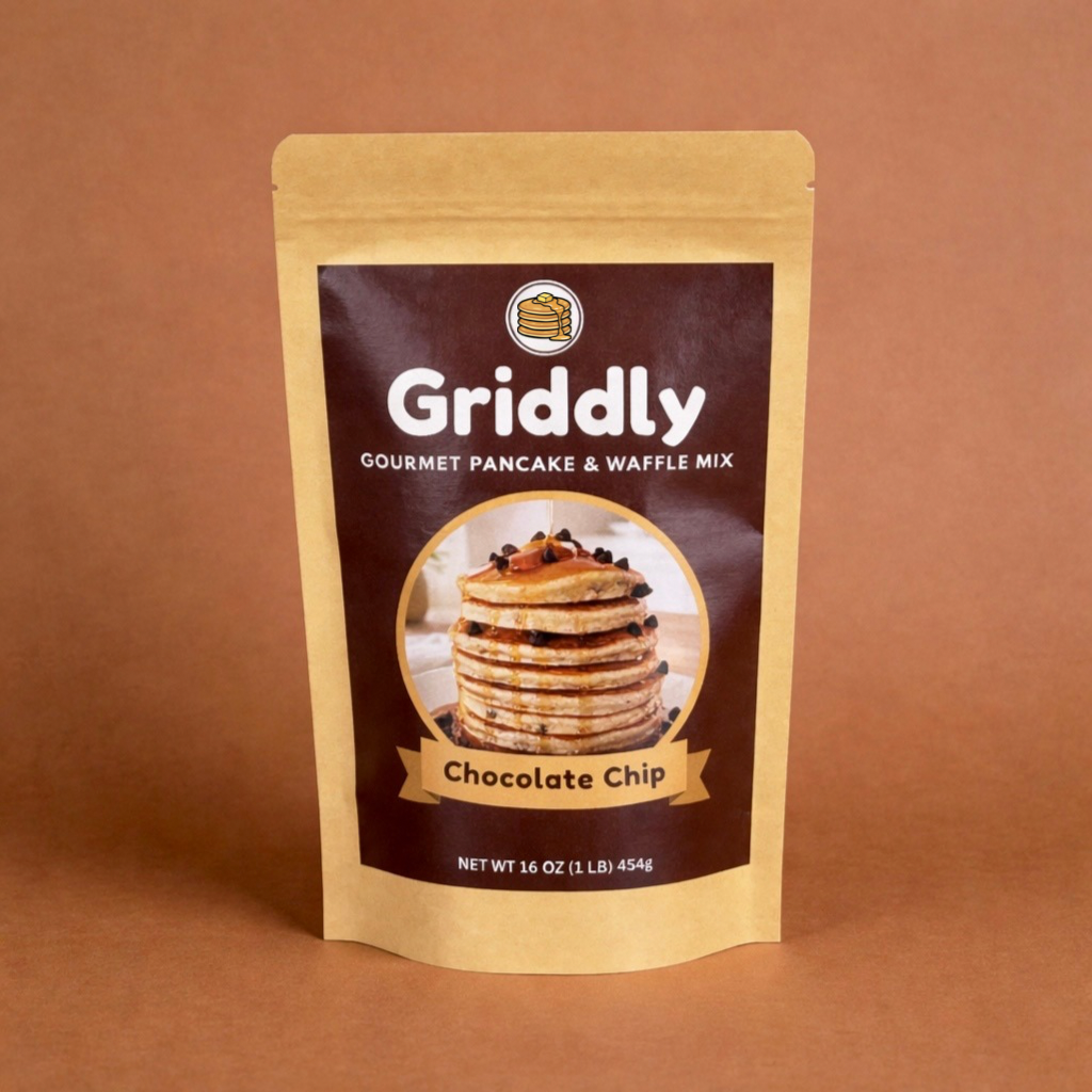 Griddly chocolate chip pancake and waffle mix packaging on a brown 