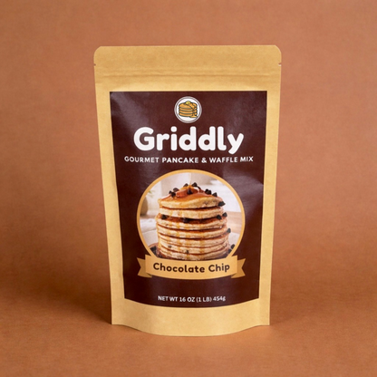 Griddly chocolate chip pancake and waffle mix packaging on a brown 
