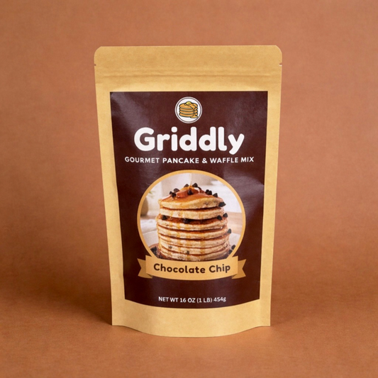 Griddly chocolate chip pancake and waffle mix packaging on a brown 