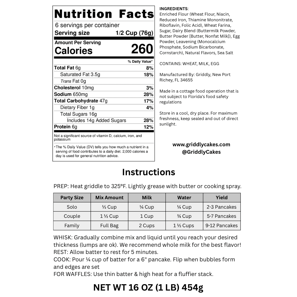 Nutrition facts label and instructions for classic pancake mix.