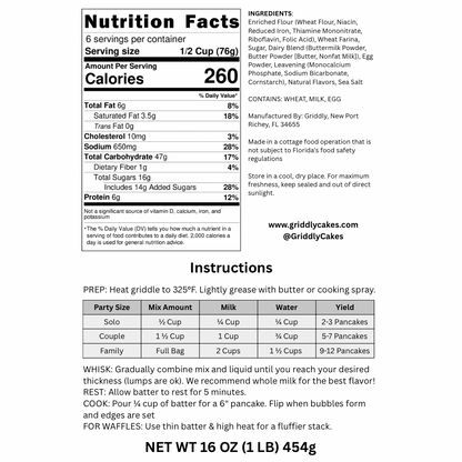Nutrition facts label and instructions for classic pancake mix.