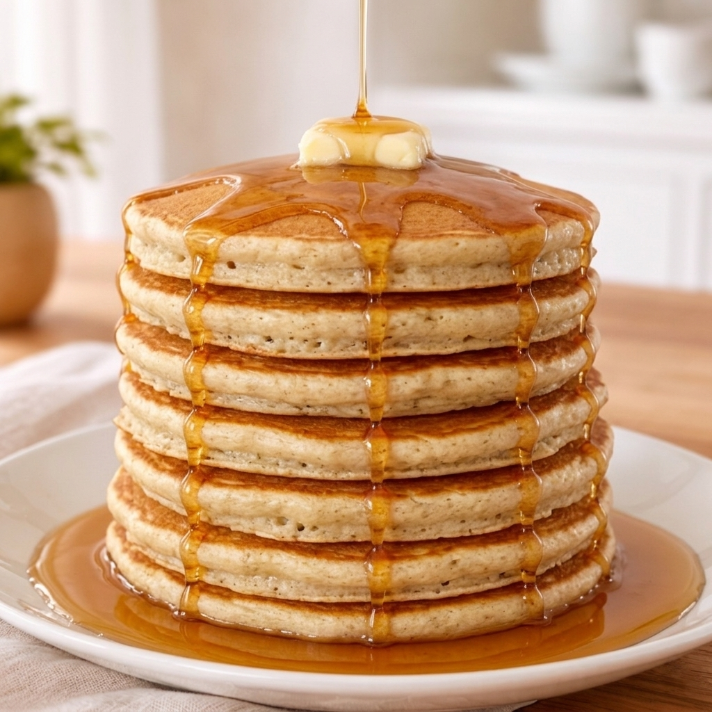 Stack of pancakes with syrup and butter on a plate, set against a blurred indoor background.