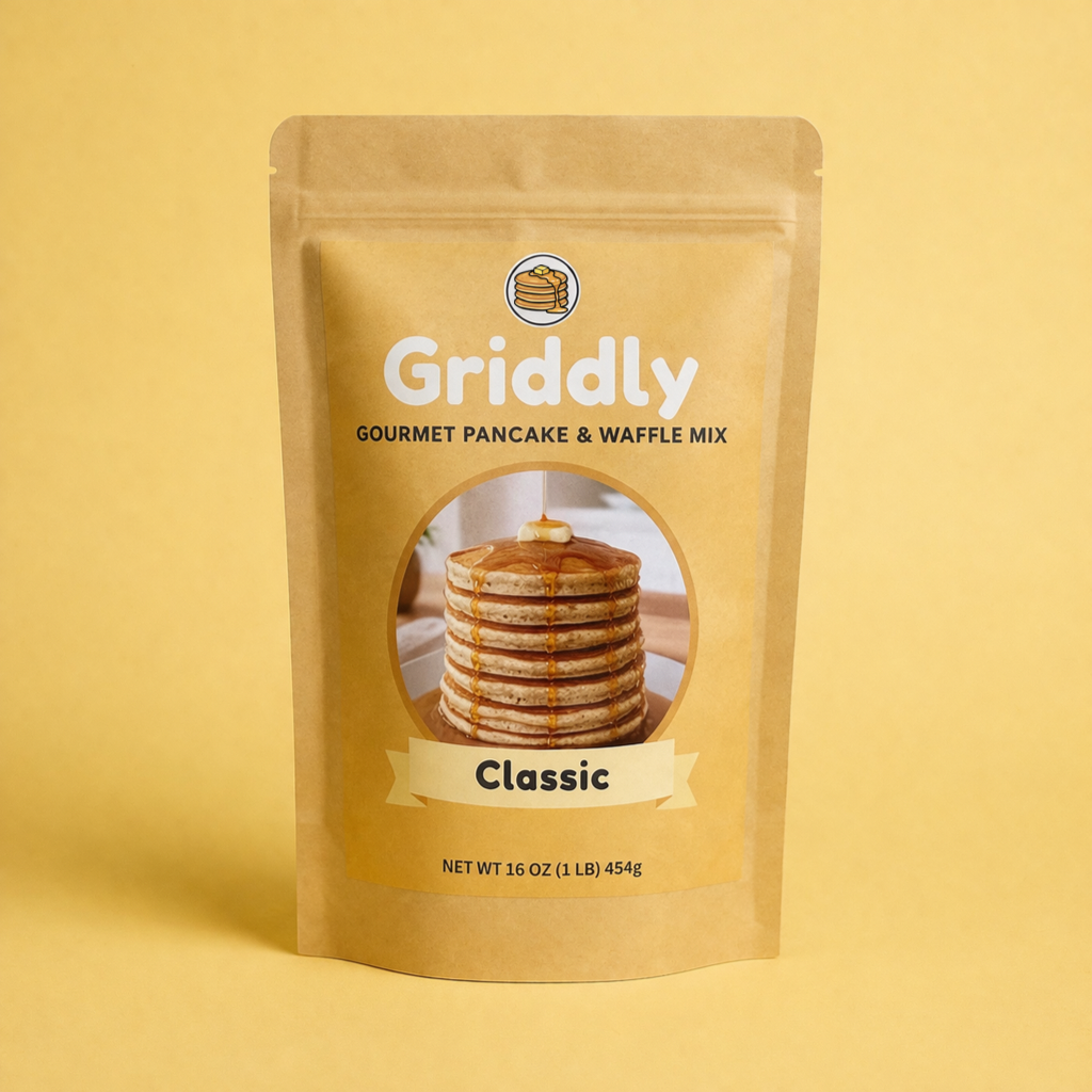 Griddly gourmet pancake and waffle mix packaging on a yellow background