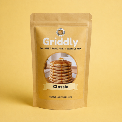 Griddly gourmet pancake and waffle mix packaging on a yellow background