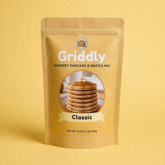Griddly gourmet pancake and waffle mix packaging on a yellow background